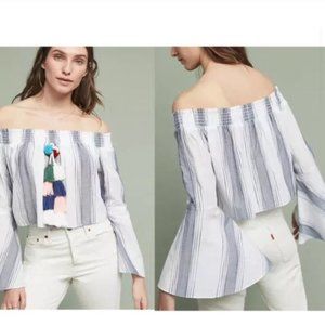 Anthropologie Lilka Playa Blue and White Stripe Top with Pom Pom/Tassels Size S